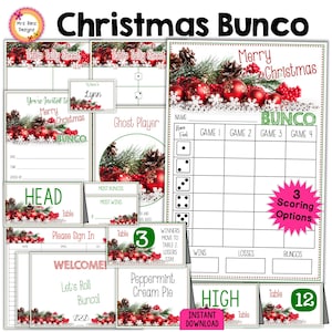 Pacote Bunco de Natal, Cartões de pontuação Bunco, Folhas de contagem, Números de mesa com instruções de movimento, Convites fantasmas, Etiquetas de prêmios, Placas, Cartões de comida