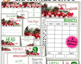 May include: Christmas Bunco game printable set with red and green decorations. Includes a table tally sheet, sign-in sheet, welcome sign, and scorecard.  The text "Merry Christmas" and "Bunco" are featured on the printable.
