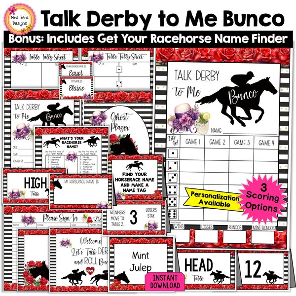 Talk Derby to Me Horserace Bunco 30pgs Scorecards Tally Sheets Table Numbers Invitations Welcome Sign Party Food Cards Prize Horse Race Name