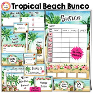 Tropical Beach Bunco Bundle 27pgs Luau Bunco Scorecards Table Tally Sheets Table Numbers Party Food Cards Prize Tags Name Tags Invitations