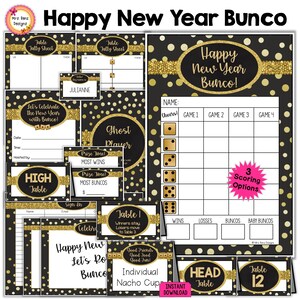 Buon Anno, segnapunti Bunco, fogli di conteggio, numeri da tavolo, indicazioni di movimento, etichette premio, cartellini per cibo, cartellini con i nomi dei giocatori fantasma, cartello di benvenuto