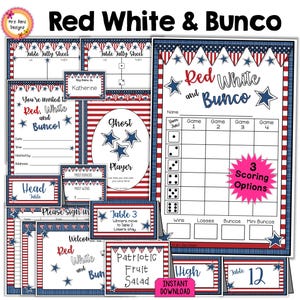 Rood wit & blauw Bunco BUNDEL 27pgs juli patriottische sterren strepen Bunco scorecards Tally sheets nodigt tabelnummers naamkaartjes voedselkaarten