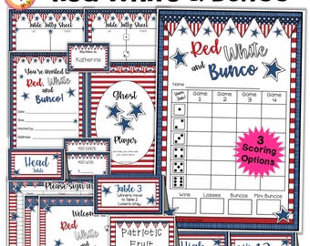 May include: Red, white, and blue themed printable party game cards for a Bunco game. The cards include a table tally sheet, a ghost player card, a welcome sign, a table number card, a scorecard, and a sign that says "Please sign in".