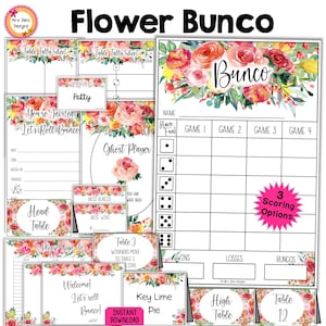 Summer Flowers Bunco Bundle Floral Bunco Scorecards Table Tally Sheets Table Numbers w Moving Directions Invitations Food Cards Prize Tags