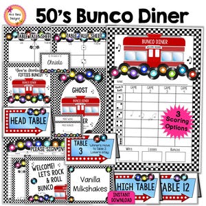 50&#39;s Diner Bunco Party Kit Fifties Bunco Score Cards Table Tally Sheets Table Numbers Invites Ghost Food Cards Name Tags Signs Prize Tags