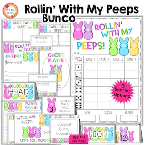May include: A printable set of game cards and score sheets for a Bunco game with a Peeps theme. The cards feature colorful Peeps marshmallow candies and the text "Rollin' With My Peeps Bunco".