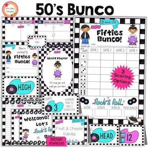 Bundle Bunco anni '50 Carte segnapunti Bunco anni '50 Numeri da tavolo Fogli di conteggio da tavolo Inviti Ghost Player Carte alimentari Etichette con i nomi Etichette premio Segnali