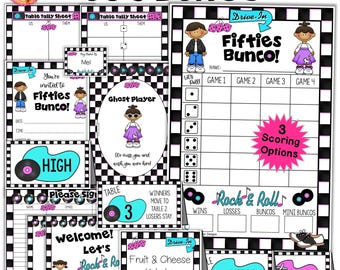 Puede incluir: Un conjunto de tarjetas de juego de Bunco con temática de los años 50 para imprimir. Las tarjetas presentan un patrón de cuadros en blanco y negro con acentos rosas y azules. Las tarjetas incluyen una hoja de conteo de mesa, un letrero de bienvenida, una tarjeta de jugador fantasma, una tarjeta de opciones de puntuación y una tarjeta con temática de rock and roll.