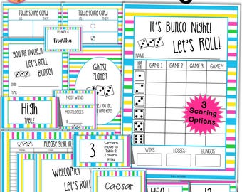 Bunco Night Score Cards Party Kit Table Numbers Tally Sheets Invitations Ghost Prize Tags Name Tags Signs Food Cards Table Cards Door Sign