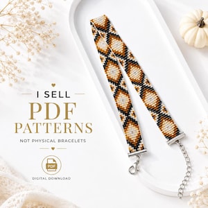 May include: A beaded bracelet pattern featuring a geometric diamond design in shades of brown, black, and white. The text reads: I SELL PDF PATTERNS NOT PHYSICAL BRACELETS. DIGITAL DOWNLOAD. The bracelet has silver-tone metal end caps and a chain.
