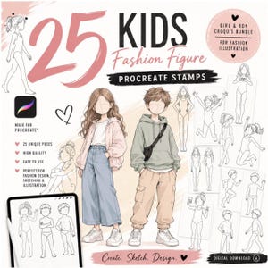 May include: A digital collection of 25 kids fashion figure Procreate stamps featuring various poses for illustration. The graphic includes text such as 25 KIDS Fashion Figure PROCREATE STAMPS and GIRL & BOY CROQUIS BUNDLE FOR FASHION ILLUSTRATION.