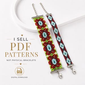May include: Two beaded bracelets featuring geometric patterns in red, green, black, and light blue, with silver-tone metal end caps and lobster clasps. Text reads: I SELL PDF PATTERNS NOT PHYSICAL BRACELETS. DIGITAL DOWNLOAD.