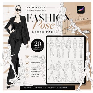 Puede incluir: Un paquete de pinceles digitales para Procreate, con 20 poses de moda para dibujar. La imagen incluye una tableta que muestra bocetos de figuras de moda, con el texto "Fashion Pose Brush Pack".