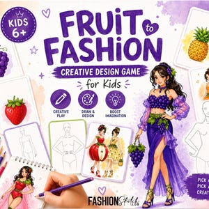 Op de afbeelding: Een kleurrijk Fruit to Fashion creatief ontwerpspel voor kinderen, met illustraties van fruit, modefiguren en de tekst "Fruit to Fashion". Inclusief kleurpotloden en kaarten met fruit- en modeontwerpen.