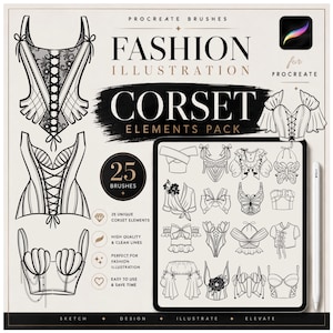 Puede incluir: Un paquete de arte digital para Procreate con elementos de ilustración de moda de corsés. La imagen muestra varios diseños de corsés, una tableta con bocetos de corsés y el texto "Fashion Illustration Corset Elements Pack".