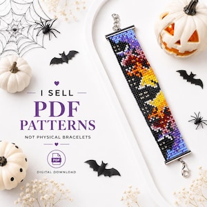 May include: A rectangular beaded bracelet featuring a pixelated design with shades of blue, orange, yellow, and black. The bracelet has metal end bars and a lobster clasp. Text on the image reads: I SELL PDF PATTERNS NOT PHYSICAL BRACELETS.