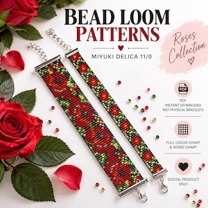 May include: Two bead loom patterns for Miyuki Delica 11/0 beads featuring a red rose floral design on a black background. The digital product includes a full color chart and word chart. Text reads: BEAD LOOM PATTERNS, Roses Collection, MIYUKI DELICA 11/0.