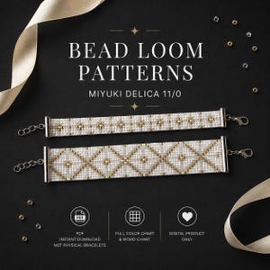 May include: Two bead loom bracelets featuring white and gold Miyuki Delica 11/0 beads in geometric patterns. The text reads BEAD LOOM PATTERNS, MIYUKI DELICA 11/0, PDF INSTANT DOWNLOAD NOT PHYSICAL BRACELETS, FULL COLOR CHART & WORD CHART, DIGITAL PRODUCT ONLY.