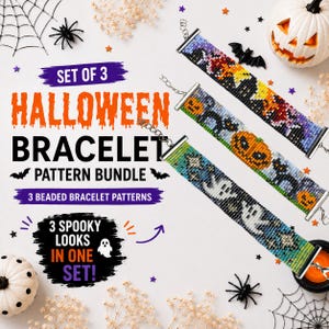Może przedstawiać: Zestaw trzech bransoletek z koralików z motywami halloweenowymi, takimi jak dynie, duchy i nietoperze. Tekst głosi: SET OF 3 HALLOWEEN BRACELET PATTERN BUNDLE, 3 BEADED BRACELET PATTERNS oraz 3 SPOOKY LOOKS IN ONE SET! Bransoletki mają srebrne zakończenia.
