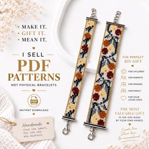 May include: Two beaded bracelets featuring a floral pattern in shades of red, orange, yellow, and grey, with silver-tone metal end caps and lobster clasps. The text reads: MAKE IT. GIFT IT. MEAN IT. I SELL PDF PATTERNS NOT PHYSICAL BRACELETS.