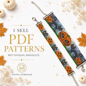 May include: Two beaded bracelet patterns featuring orange jack-o'-lanterns and black cats on a blue background. The text reads I SELL PDF PATTERNS NOT PHYSICAL BRACELETS and DIGITAL DOWNLOAD. These are digital files for bead weaving projects.