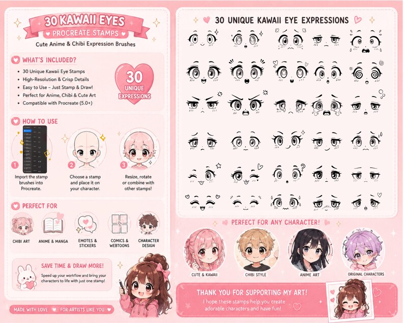 30 Kawaii Eyes Procreate Stamps – Anime Chibi Expression Brushes ...