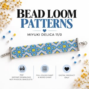 May include: A beaded bracelet featuring a geometric pattern in blue, yellow, and white Miyuki Delica 11/0 beads with silver-tone metal end bars and a lobster clasp. Text reads: BEAD LOOM PATTERNS, MIYUKI DELICA 11/0, PDF INSTANT DOWNLOAD, FULL COLOUR CHART & WORD CHART, DIGITAL PRODUCT ONLY.
