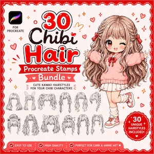 Könnte beinhalten: Ein digitales Set aus 30 Chibi-Haar-Stempeln für Procreate mit verschiedenen illustrierten Frisuren. Die Grafik enthält den Text 30 Chibi Hair Procreate Stamps Bundle und eine zentrale Figur mit langem braunem Haar in einem rosa Pullover.