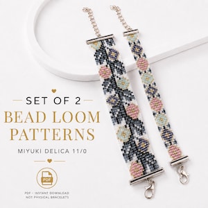 May include: A set of two bead loom patterns for Miyuki Delica 11/0 beads, featuring floral and geometric designs in pink, blue, white, and dark gray. The text reads SET OF 2 BEAD LOOM PATTERNS MIYUKI DELICA 11/0 PDF INSTANT DOWNLOAD NOT PHYSICAL BRACELETS.