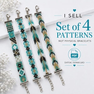 May include: Four beaded bracelets featuring geometric patterns in turquoise, black, white, and gold. Text reads: I SELL Set of 4 PATTERNS NOT PHYSICAL BRACELETS. A PDF icon and the words DIGITAL DOWNLOAD are also visible on the right side.
