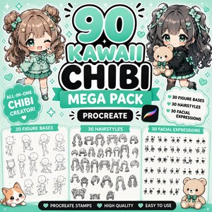 May include: A digital art resource pack titled 90 KAWAII CHIBI MEGA PACK PROCREATE featuring two illustrated chibi characters, 30 figure bases, 30 hairstyles, and 30 facial expressions in line art format with a teal and white color scheme.