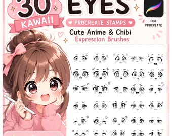 30 Kawaii Eyes Procreate Stamps – Anime Chibi Expression Brushes (Digital Download)
