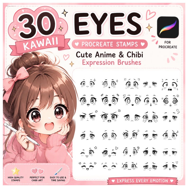 30 Kawaii Eyes Procreate Stamps – Anime Chibi Expression Brushes ...