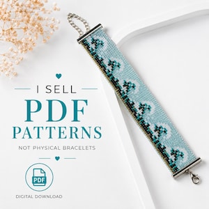 May include: A beaded bracelet featuring a light blue background with dark teal and white wave patterns, finished with silver-tone metal end bars and a chain clasp. The text reads: I SELL PDF PATTERNS NOT PHYSICAL BRACELETS DIGITAL DOWNLOAD.