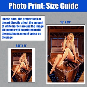 May include: A size guide for photo prints with two examples of different sizes. The guide explains that the proportions of the art directly affect the amount of white border around the image. All images will be printed to fill the maximum amount of space on the page. The first example is an 8.5 inch by 11 inch print and the second example is a 13 inch by 19 inch print.