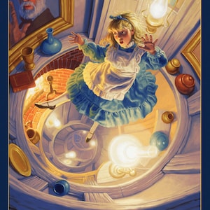 May include: Alice, a young girl in a blue and white dress, falls down a rabbit hole. The hole is a spiral staircase with a glowing light at the bottom. The image is a painting with a whimsical style.