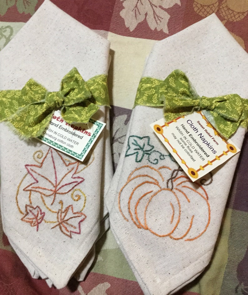 Pumpkin Thanksgiving Design Hand Embroidered Cloth Napkins Set of Two