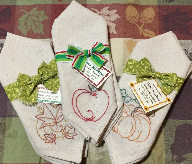 Pumpkin Thanksgiving Design Hand Embroidered Cloth Napkins Set of Two