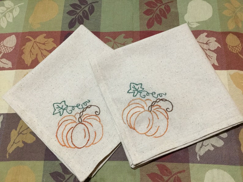 Pumpkin Thanksgiving Design Hand Embroidered Cloth Napkins Set of Two