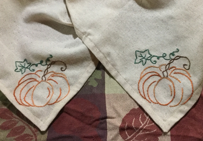 Pumpkin Thanksgiving Design Hand Embroidered Cloth Napkins Set of Two