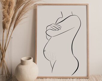 Pregnant Line Drawing, Pregnant woman Art, Obstetric Art, Midwife Office Decor, Stretch Marks, Black and White, Gift For First Time Mother