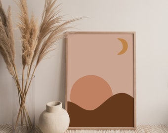 Sun and Moon Terracotta Wall Art, Earth Tone Wall Art, Bohemian Abstract Landscape Print, Boho Decor Living Room, Midcentury Modern Art