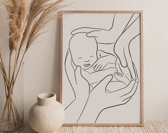 Line Drawing of Newborn Baby, Nursery Keepsake, Minimalist Nursery Print, First Time Mom Dad and Baby Line Art,  Gift For Nursery, DIGITAL