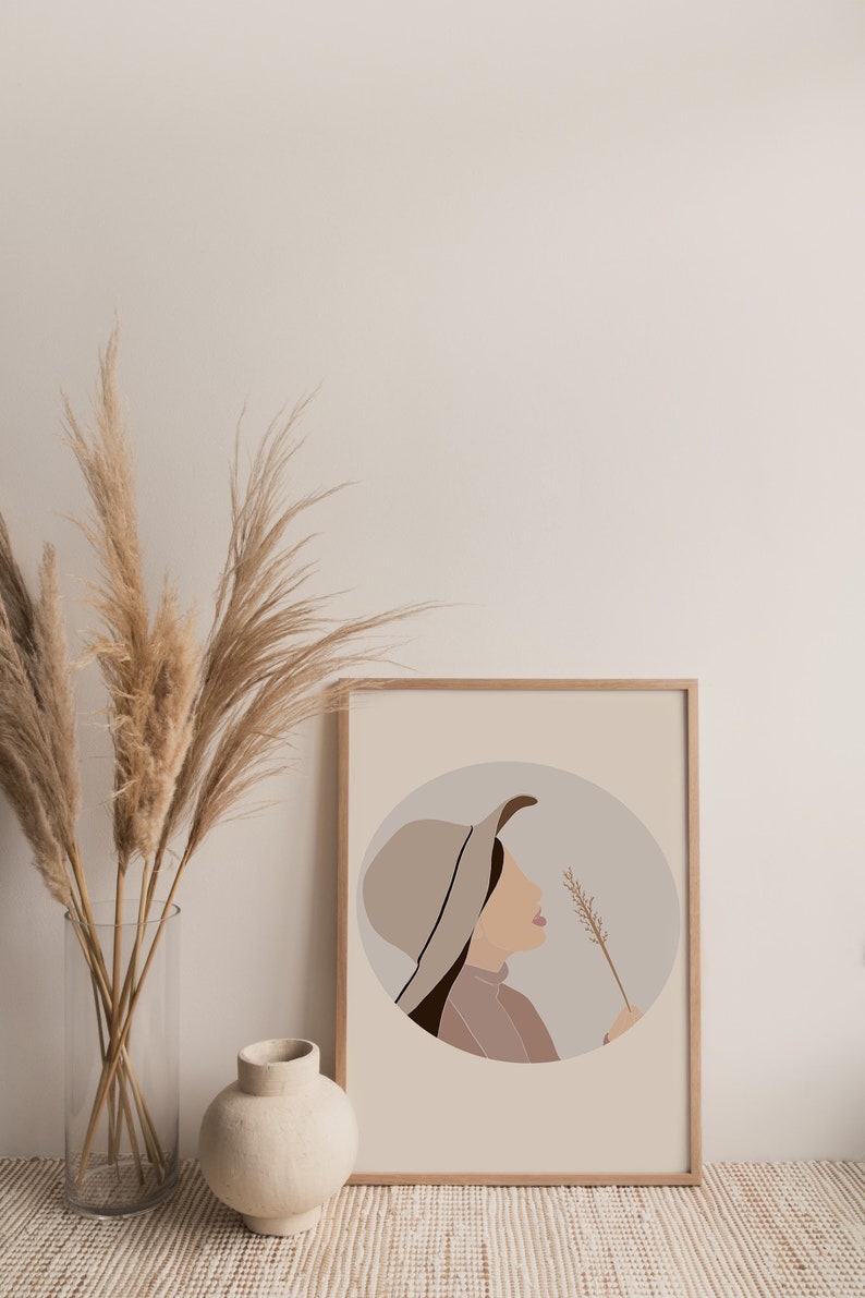 Boho Frau Kunstdruck, druckbare Kunst für über dem Bett für Teenage Girl, Fedora Hut, Nuetral minimalistischen Druck, feminine druckbare Wandkunst Bild 1