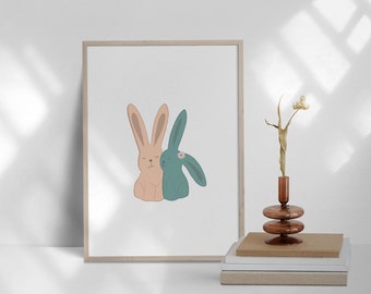 Two Bunnies Cuddling Wall Art Printable, Bunny Art For Nursery, Cute Bunny Girl and Boy, Blush and Teal Wall Art, Minimal Easter, Rabbit