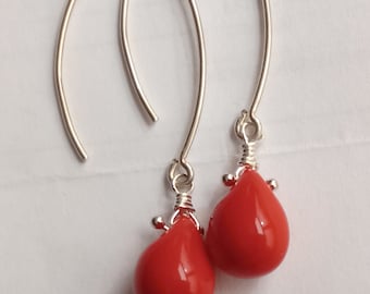 Red Teardrop Earrings: Czech Glass, Sterling Silver Wire Wrapped