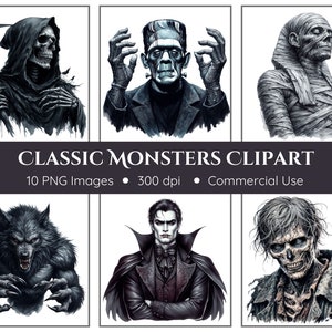 Classic Monsters Clipart | 10 PNGs | Vampire Clipart | Werewolf PNG | Ghost Clipart | Wtich PNG | Mummy Clipart | Instant Download