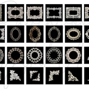 May include: A set of 24 vintage-style decorative frames with intricate lace designs. The frames are in various shapes, including square, round, and oval. Some frames have a floral motif, while others have a more geometric design. The frames are all white and have a delicate, feminine look.