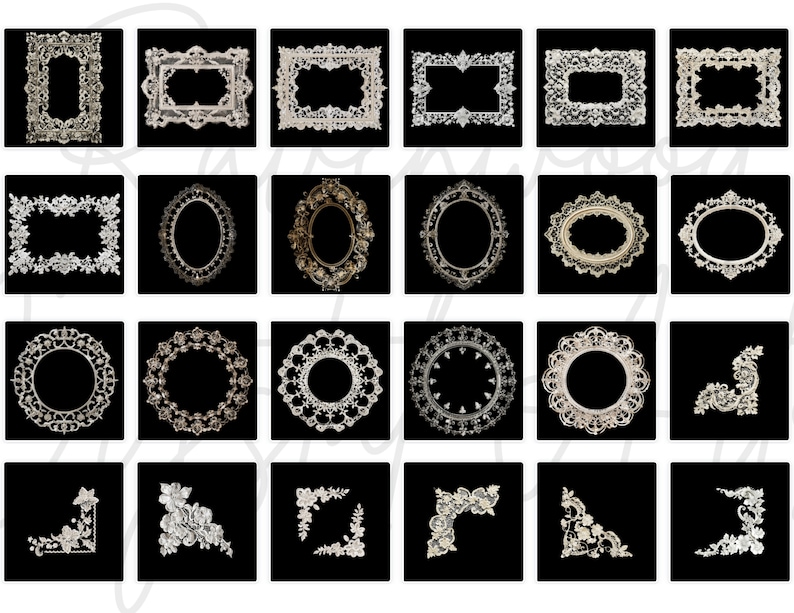 May include: A set of 24 vintage-style decorative frames with intricate lace designs. The frames are in various shapes, including square, round, and oval. Some frames have a floral motif, while others have a more geometric design. The frames are all white and have a delicate, feminine look.