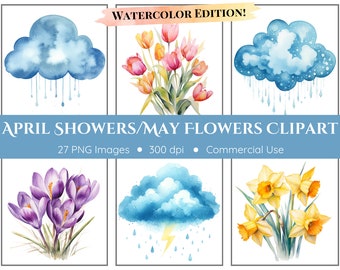 April Showers Bring May Flowers Clipart Pack - Transparent Background - Watercolor Clipart, Clouds, Rain, Flowers, Sunshine, Rainbows